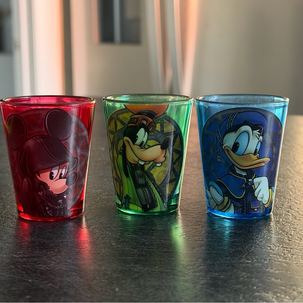 Disney Translucent Red, Green, Blue Character Shot Glass Trio